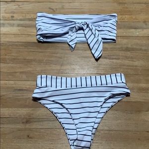 Striped high waisted strapless bikini